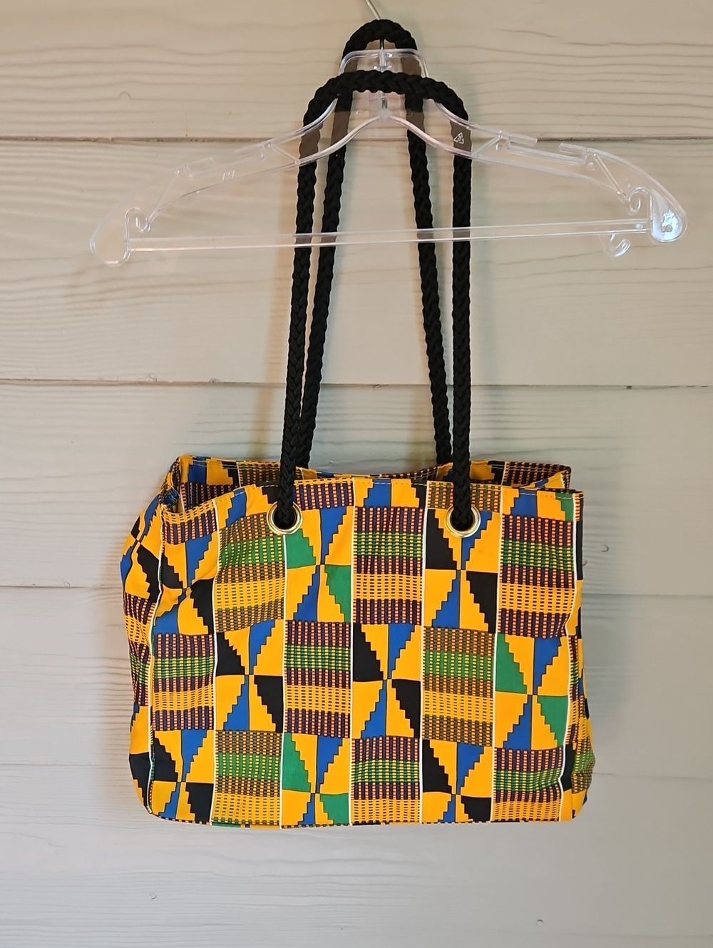 *Vintage 1993 Avon Multicolor Kente-Print Tote with Black Rope Handles